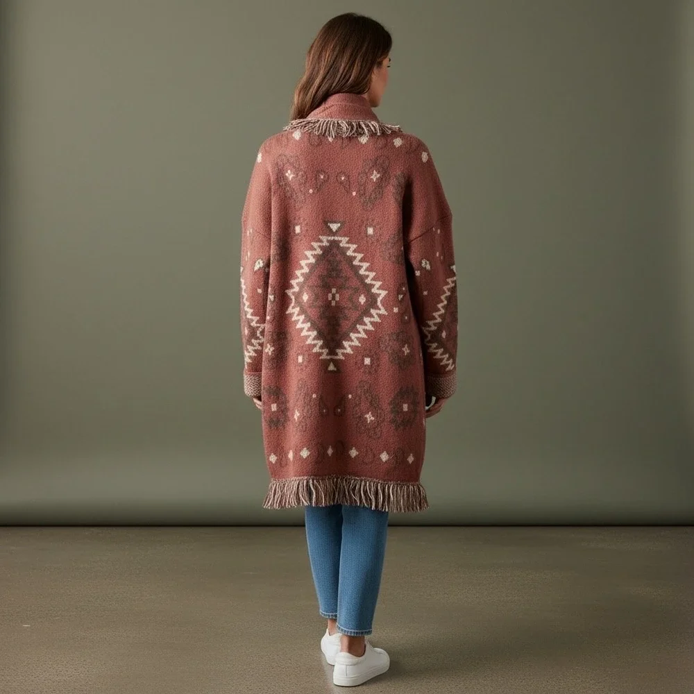 Womens Large Southwestern Fringe Open Front Cardigan Rust 12W2790N - Picture 16 of 16
